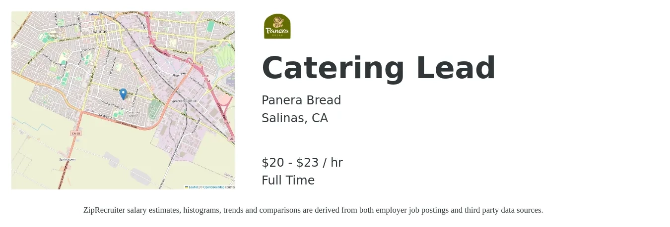 Panera Bread job posting for a Catering Lead in Salinas, CA with a salary of $21 to $24 Hourly with a map of Salinas location.