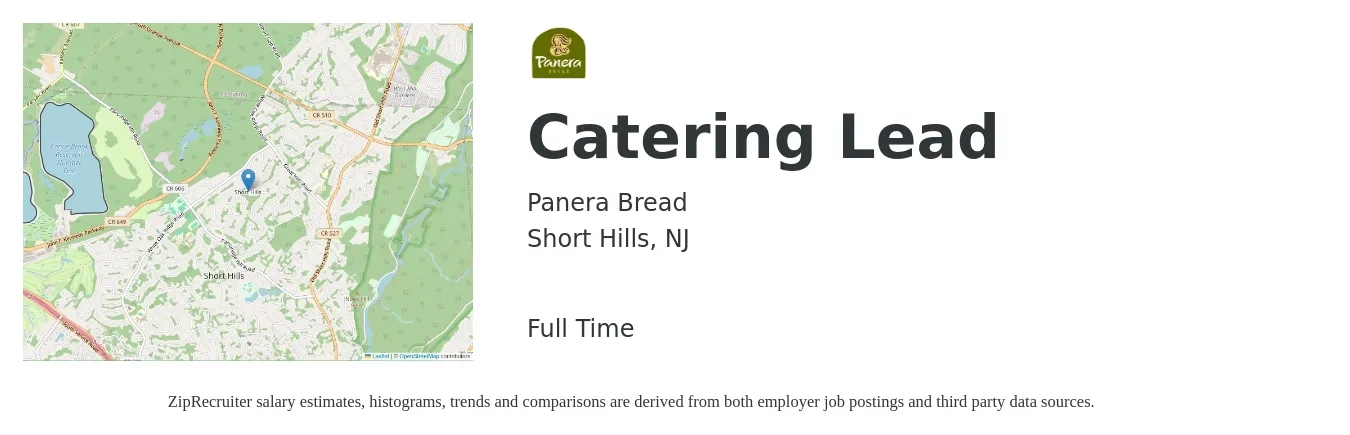 Panera Bread job posting for a Catering Lead in Short Hills, NJ with a salary of $18 to $30 Hourly with a map of Short Hills location.