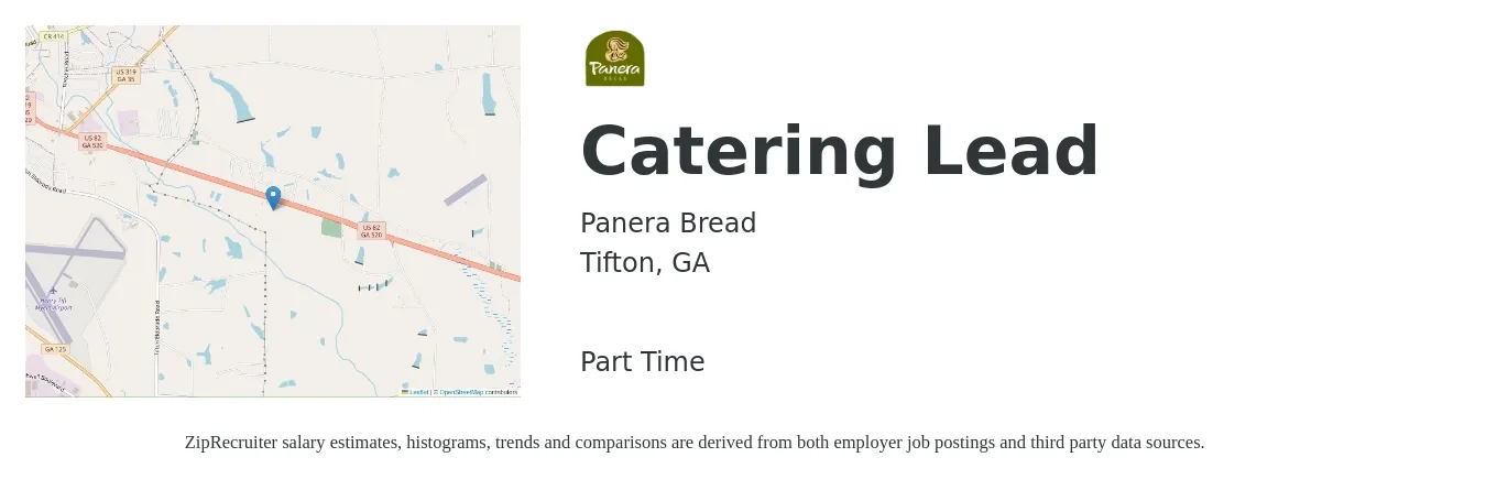 Panera Bread job posting for a Catering Lead in Tifton, GA with a salary of $14 to $23 Hourly with a map of Tifton location.