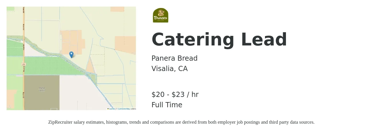 Panera Bread job posting for a Catering Lead in Visalia, CA with a salary of $21 to $24 Hourly with a map of Visalia location.