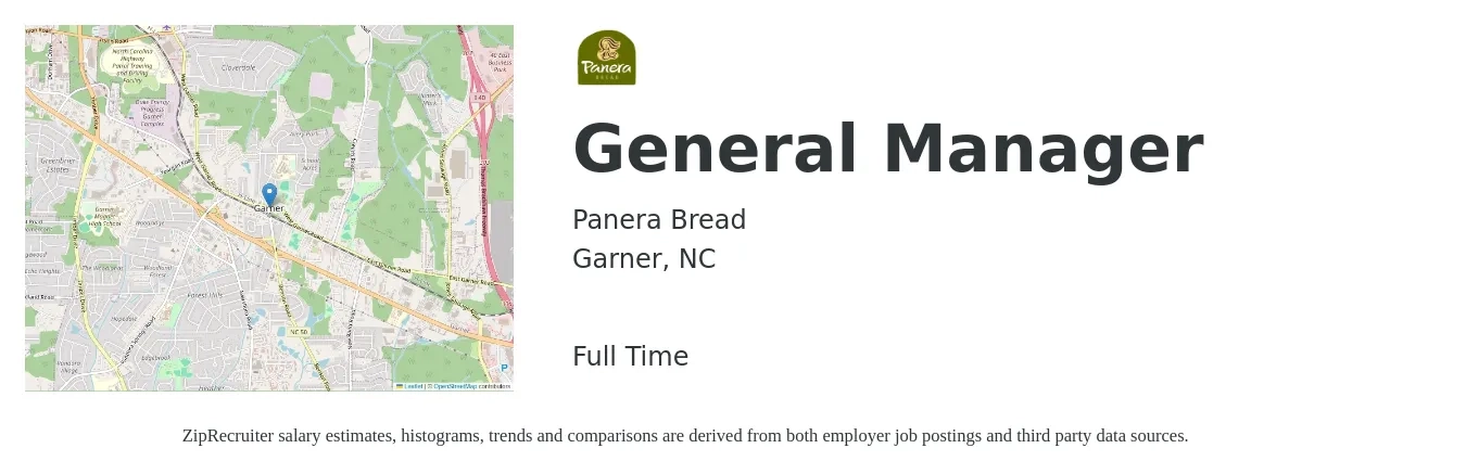 Panera Bread job posting for a General Manager in Garner, NC with a salary of $44,100 to $66,000 Yearly with a map of Garner location.
