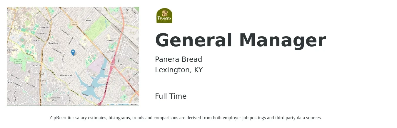 Panera Bread job posting for a General Manager in Lexington, KY with a salary of $42,000 to $62,700 Yearly with a map of Lexington location.