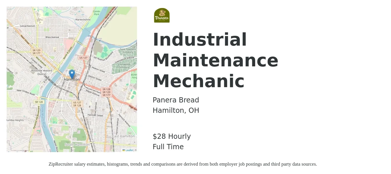 Panera Bread job posting for a Industrial Maintenance Mechanic in Hamilton, OH with a salary of $30 Hourly with a map of Hamilton location.
