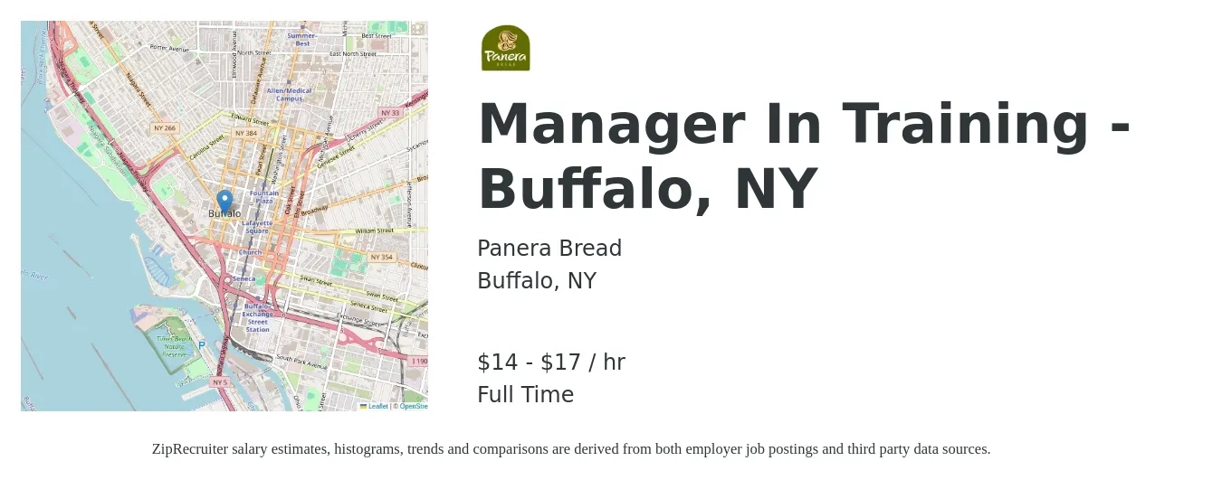 Panera Bread job posting for a Manager In Training - Buffalo, NY in Buffalo, NY with a salary of $15 to $18 Hourly with a map of Buffalo location.