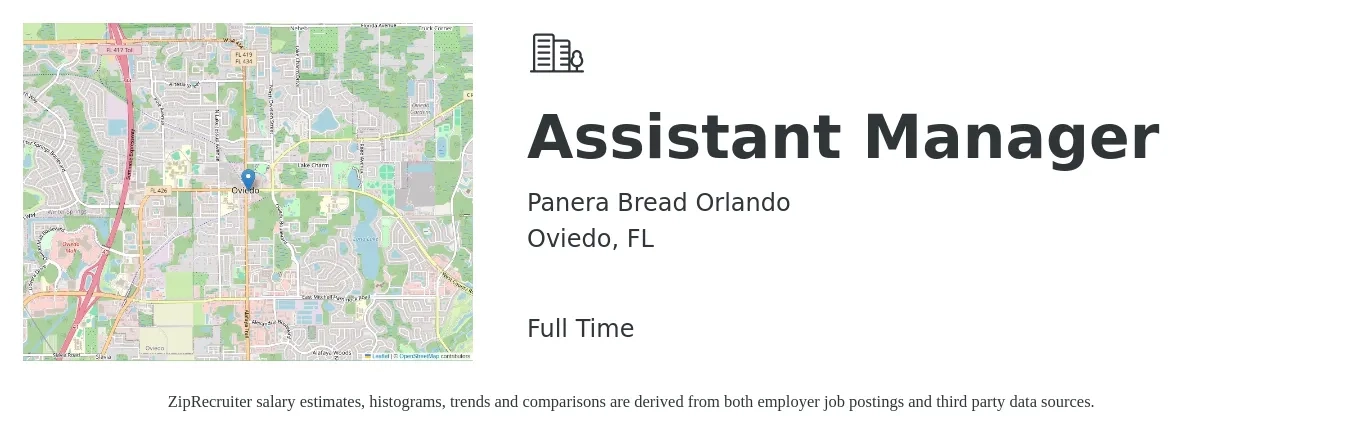 Panera Bread Orlando job posting for a Assistant Manager in Oviedo, FL with a map of Oviedo location.