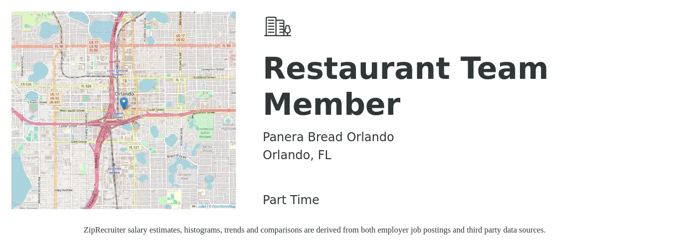 Panera Bread Orlando job posting for a Restaurant Team Member in Orlando, FL with a salary of $11 to $15 Hourly with a map of Orlando location.