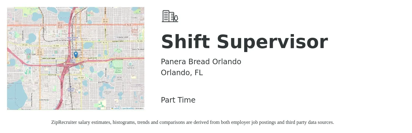 Panera Bread Orlando job posting for a Shift Supervisor in Orlando, FL with a salary of $14 to $18 Hourly with a map of Orlando location.