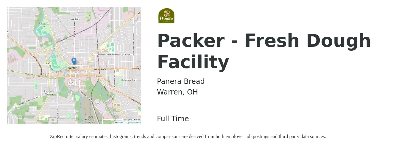 Panera Bread job posting for a Packer - Fresh Dough Facility in Warren, OH with a salary of $13 to $16 Hourly with a map of Warren location.