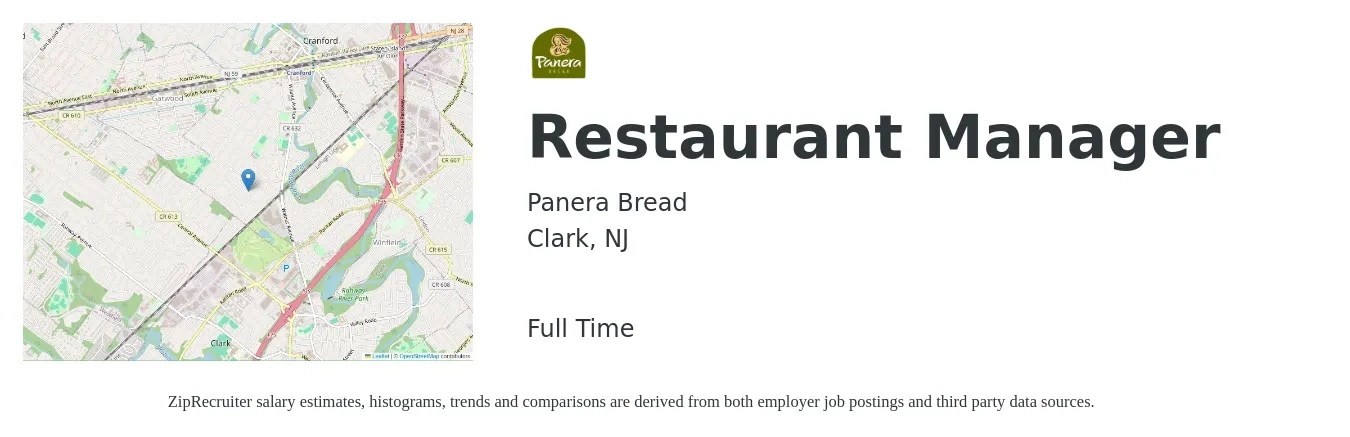 Panera Bread job posting for a Restaurant Manager in Clark, NJ with a salary of $46,500 to $65,700 Yearly with a map of Clark location.