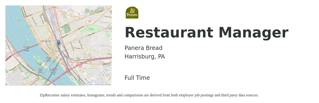 Panera Bread job posting for a Restaurant Manager in Harrisburg, PA with a salary of $44,400 to $62,700 Yearly with a map of Harrisburg location.