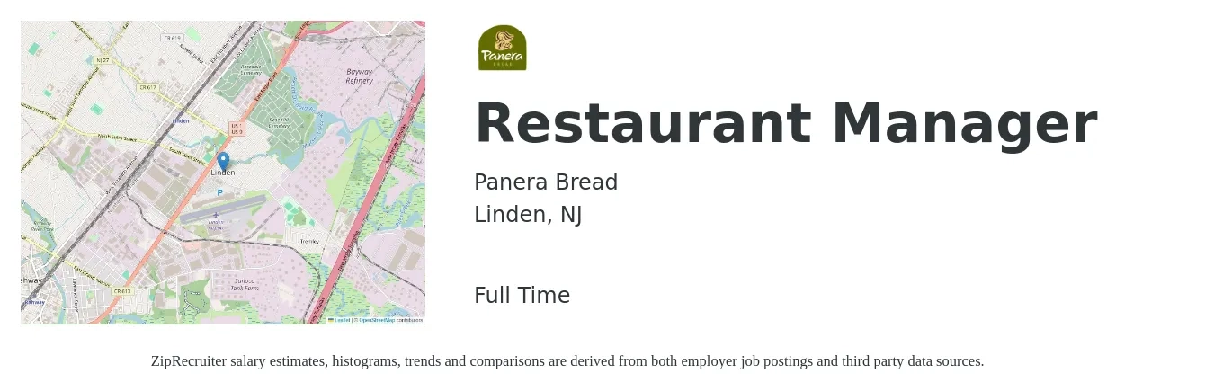 Panera Bread job posting for a Restaurant Manager in Linden, NJ with a salary of $46,500 to $65,600 Yearly with a map of Linden location.