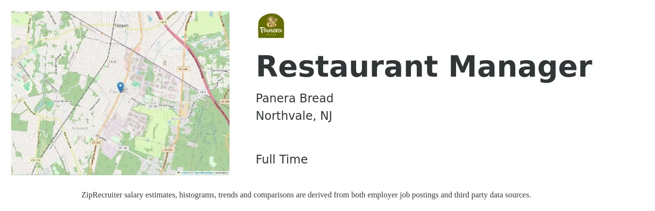 Panera Bread job posting for a Restaurant Manager in Northvale, NJ with a salary of $46,000 to $64,900 Yearly with a map of Northvale location.
