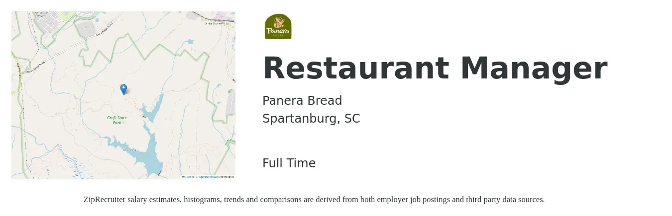 Panera Bread job posting for a Restaurant Manager in Spartanburg, SC with a salary of $38,300 to $54,100 Yearly with a map of Spartanburg location.