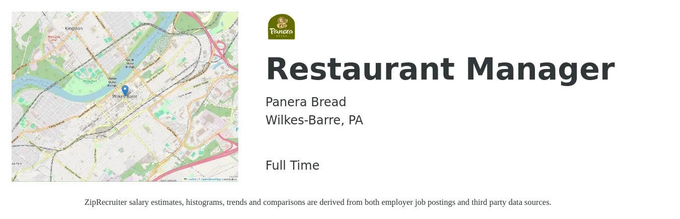 Panera Bread job posting for a Restaurant Manager in Wilkes-Barre, PA with a salary of $43,100 to $60,900 Yearly with a map of Wilkes-Barre location.