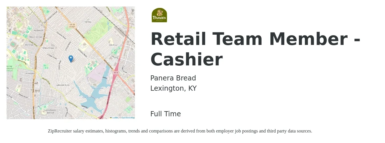 Panera Bread job posting for a Retail Team Member - Cashier in Lexington, KY with a salary of $12 to $15 Hourly with a map of Lexington location.