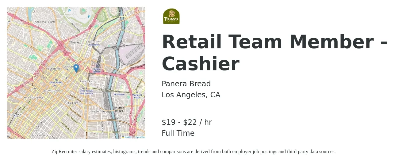 Panera Bread job posting for a Retail Team Member - Cashier in Los Angeles, CA with a salary of $20 to $23 Hourly with a map of Los Angeles location.