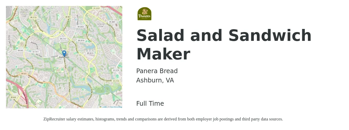 Panera Bread job posting for a Salad and Sandwich Maker in Ashburn, VA with a salary of $13 to $16 Hourly with a map of Ashburn location.