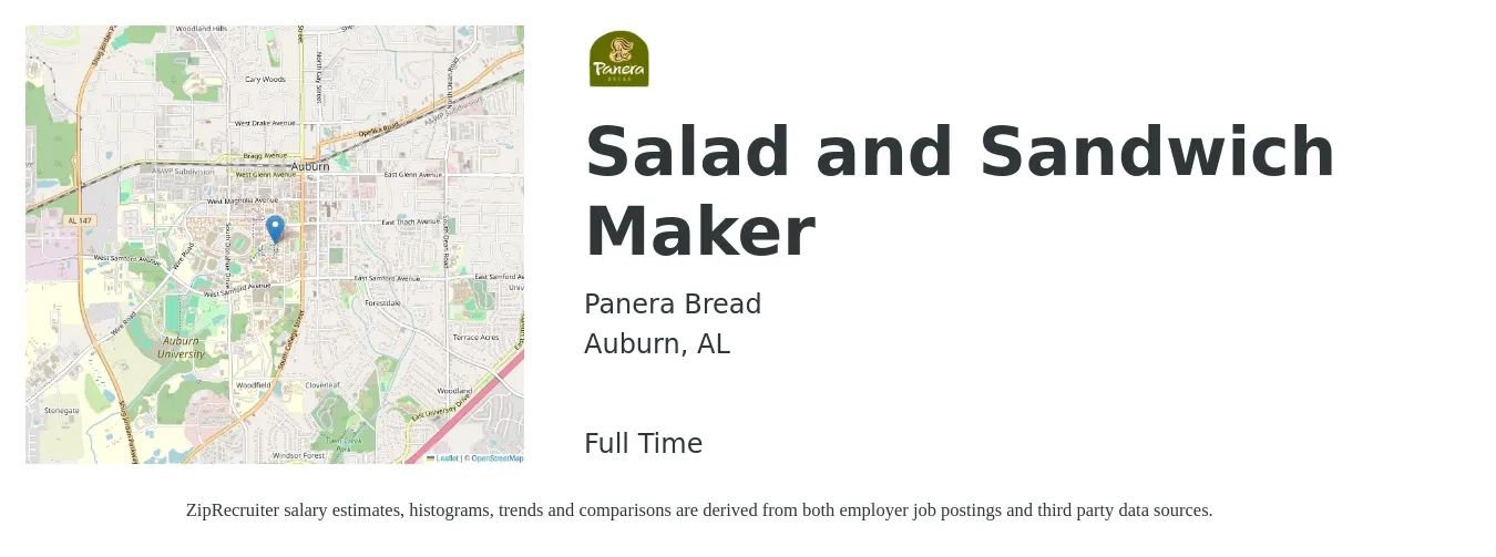 Panera Bread job posting for a Salad and Sandwich Maker in Auburn, AL with a salary of $11 to $14 Hourly with a map of Auburn location.
