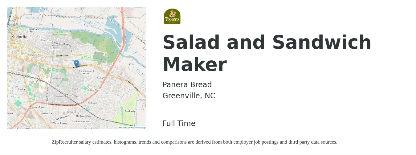 Panera Bread job posting for a Salad and Sandwich Maker in Greenville, NC with a salary of $12 to $14 Hourly with a map of Greenville location.