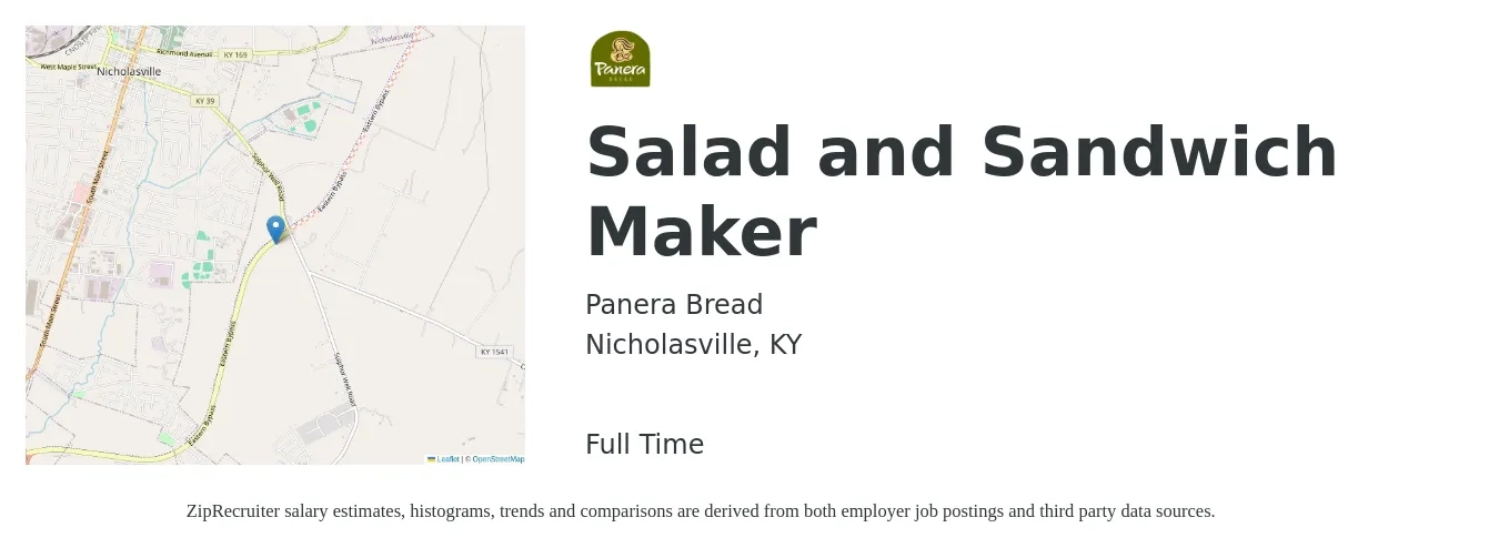 Panera Bread job posting for a Salad and Sandwich Maker in Nicholasville, KY with a salary of $11 to $14 Hourly with a map of Nicholasville location.