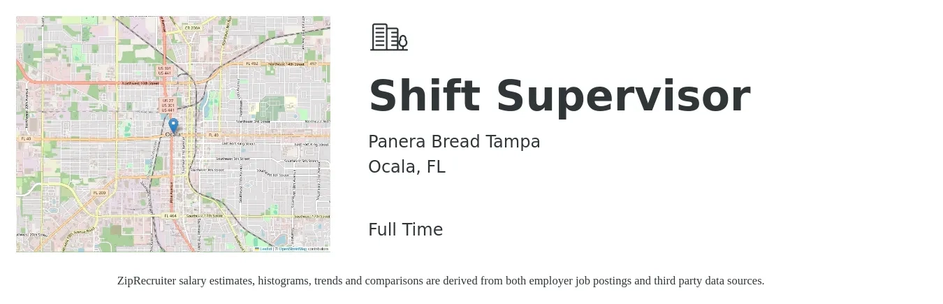 Panera Bread Tampa job posting for a Shift Supervisor in Ocala, FL with a salary of $13 to $16 Hourly with a map of Ocala location.