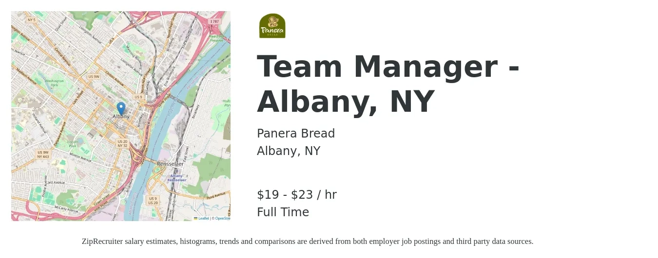 Panera Bread job posting for a Team Manager - Albany, NY in Albany, NY with a salary of $20 to $24 Hourly with a map of Albany location.