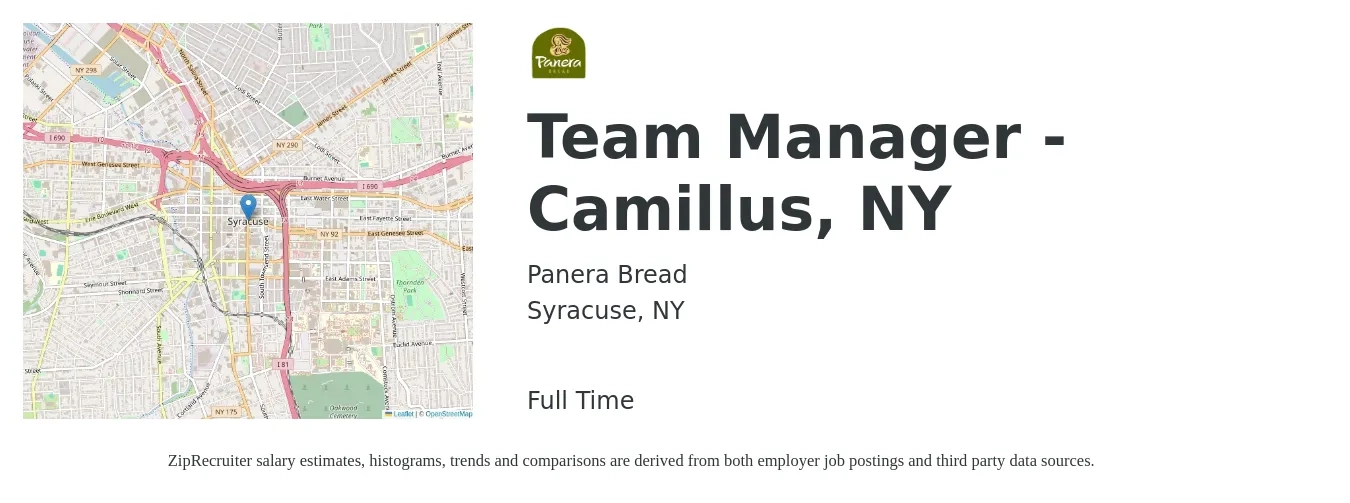 Panera Bread job posting for a Team Manager - Camillus, NY in Syracuse, NY with a salary of $44,500 to $62,700 Yearly with a map of Syracuse location.