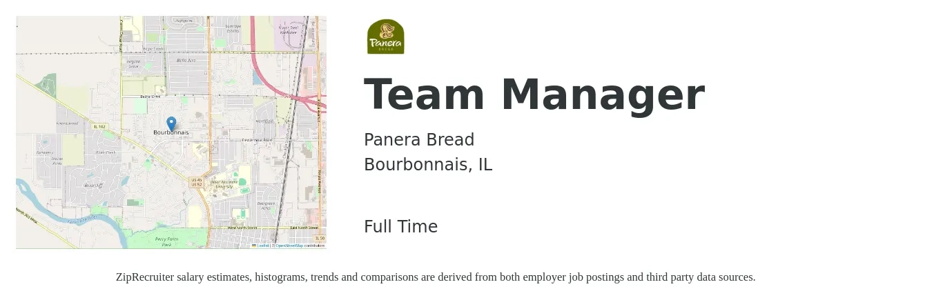 Panera Bread job posting for a Team Manager in Bourbonnais, IL with a salary of $18 to $20 Hourly with a map of Bourbonnais location.