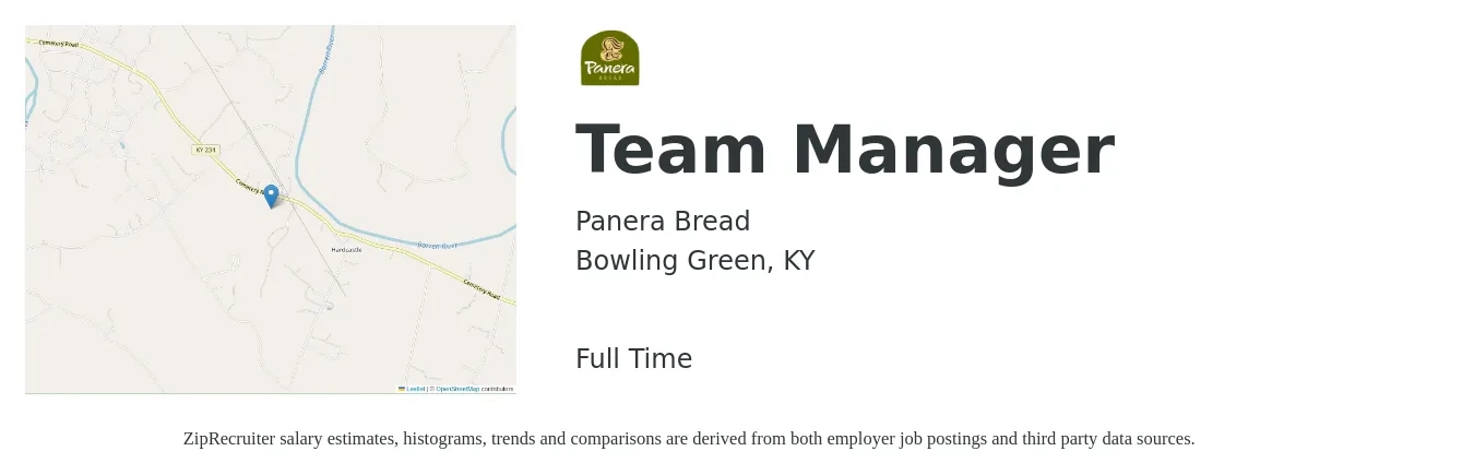 Panera Bread job posting for a Team Manager in Bowling Green, KY with a salary of $16 to $18 Hourly with a map of Bowling Green location.