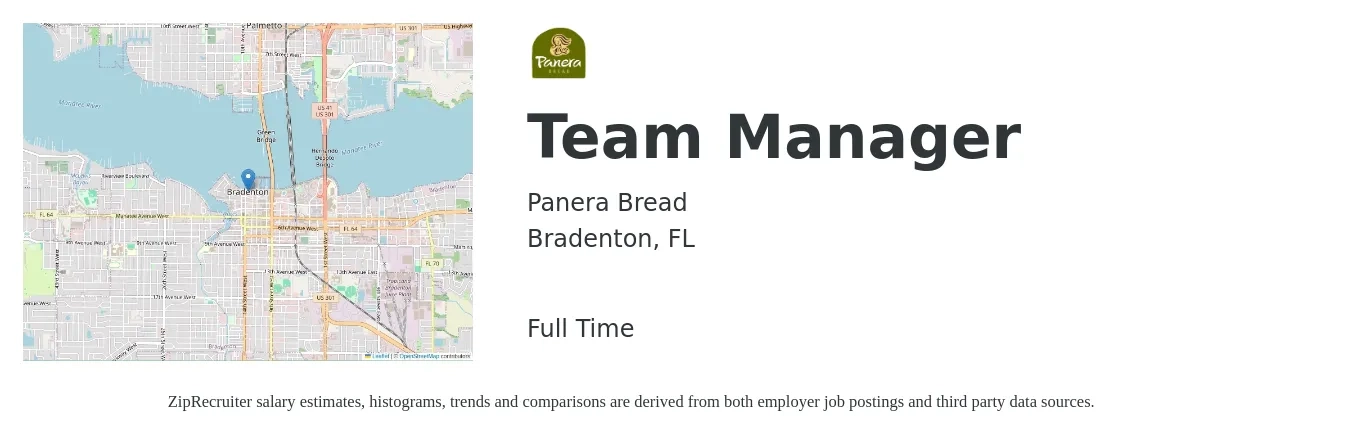 Panera Bread job posting for a Team Manager in Bradenton, FL with a salary of $17 to $18 Hourly with a map of Bradenton location.