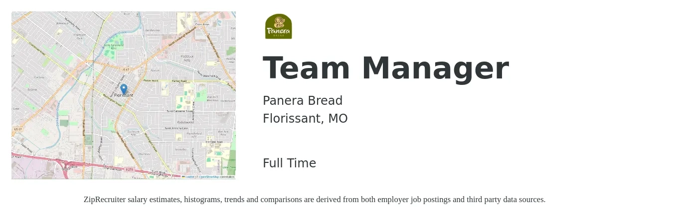 Panera Bread job posting for a Team Manager in Florissant, MO with a salary of $17 to $19 Hourly with a map of Florissant location.