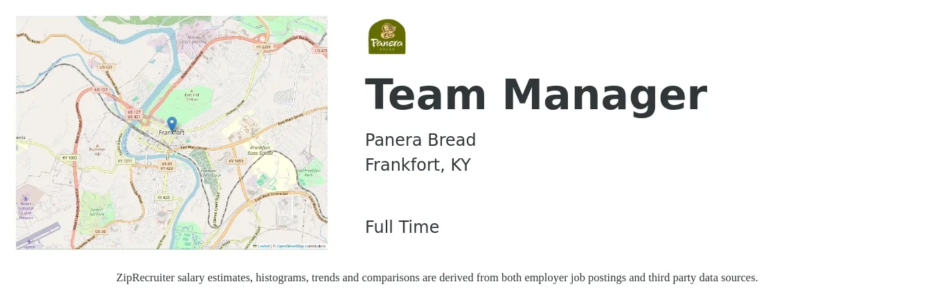 Panera Bread job posting for a Team Manager in Frankfort, KY with a salary of $16 to $18 Hourly with a map of Frankfort location.