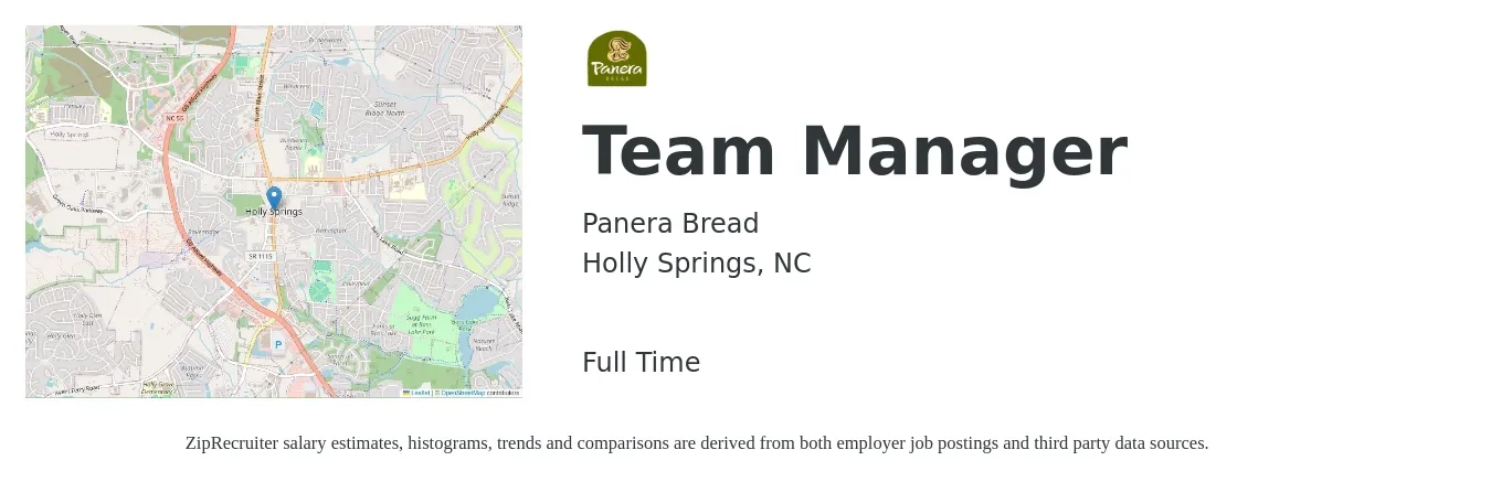 Panera Bread job posting for a Team Manager in Holly Springs, NC with a salary of $16 to $18 Hourly with a map of Holly Springs location.