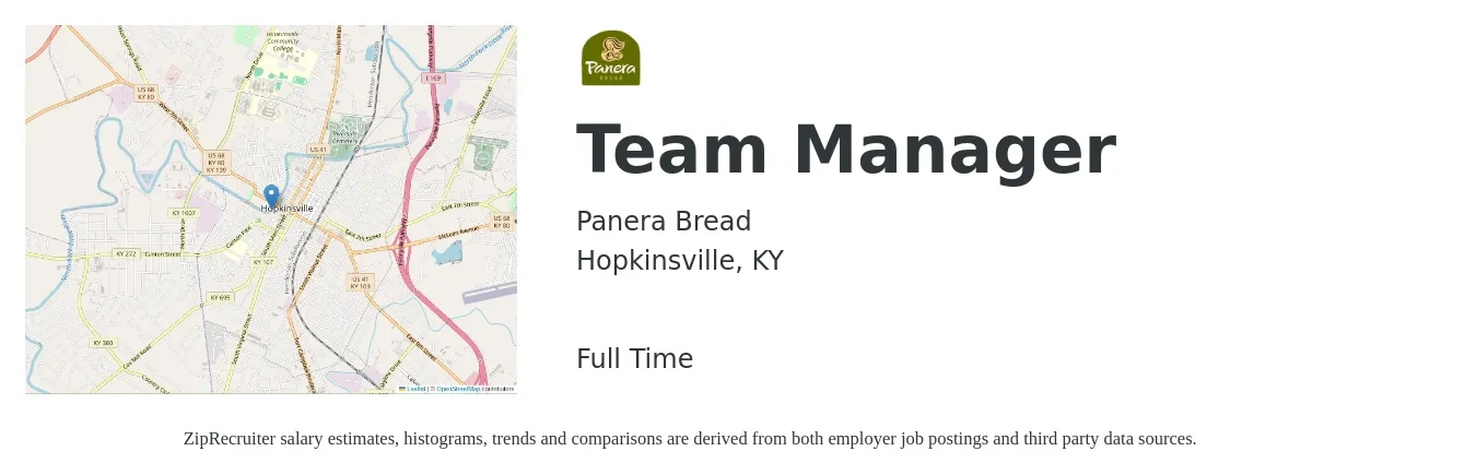 Panera Bread job posting for a Team Manager in Hopkinsville, KY with a salary of $16 to $17 Hourly with a map of Hopkinsville location.