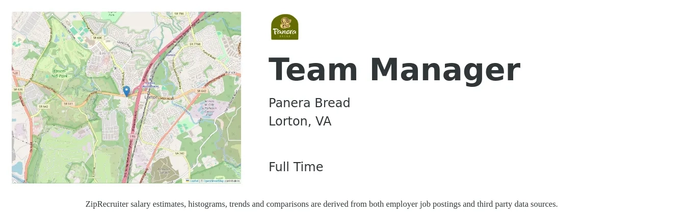 Panera Bread job posting for a Team Manager in Lorton, VA with a salary of $19 to $21 Hourly with a map of Lorton location.