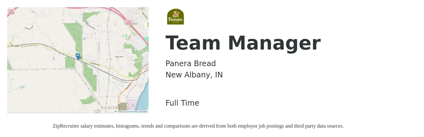 Panera Bread job posting for a Team Manager in New Albany, IN with a salary of $17 to $19 Hourly with a map of New Albany location.