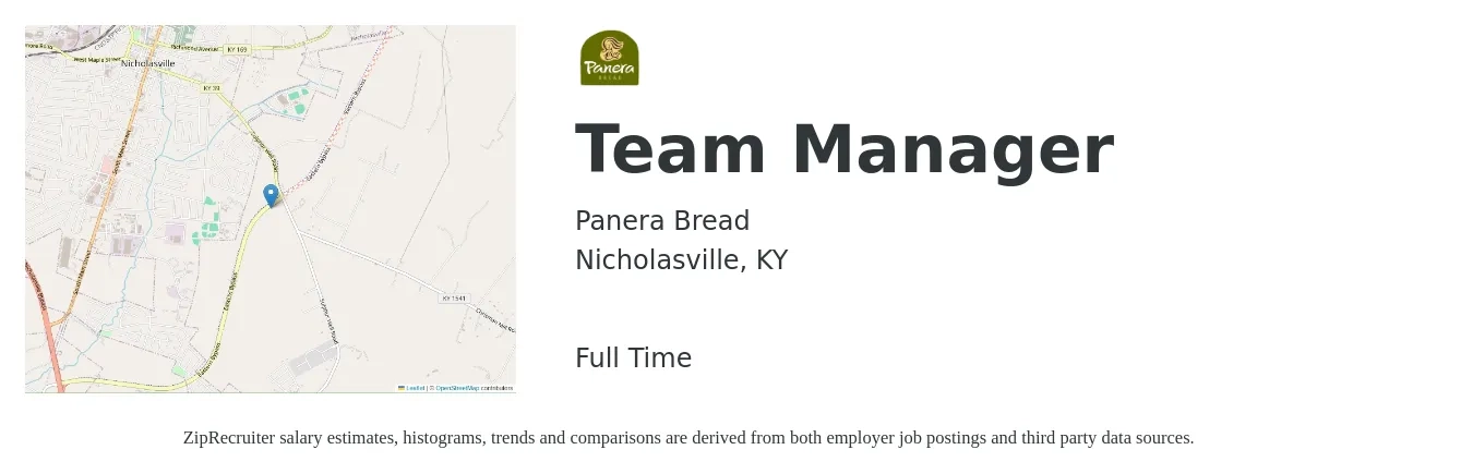 Panera Bread job posting for a Team Manager in Nicholasville, KY with a salary of $16 to $18 Hourly with a map of Nicholasville location.