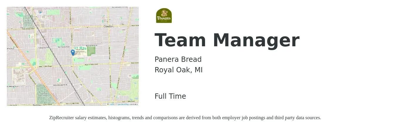 Panera Bread job posting for a Team Manager in Royal Oak, MI with a salary of $18 to $20 Hourly with a map of Royal Oak location.