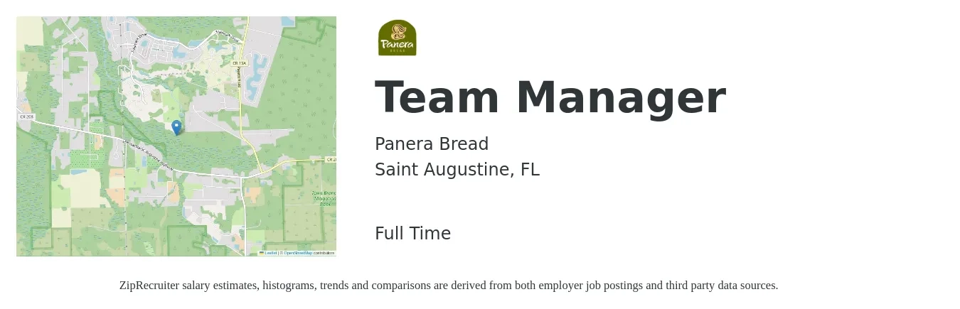 Panera Bread job posting for a Team Manager in Saint Augustine, FL with a salary of $16 to $18 Hourly with a map of Saint Augustine location.