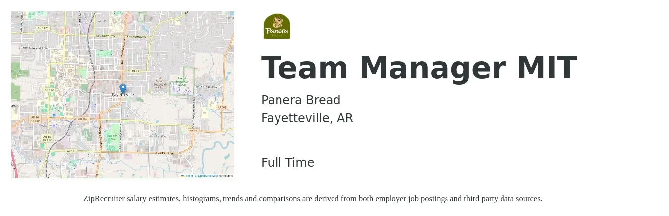 Panera Bread job posting for a Team Manager MIT in Fayetteville, AR with a salary of $16 to $27 Hourly with a map of Fayetteville location.