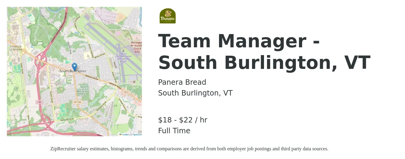 Panera Bread job posting for a Team Manager - South Burlington, VT in South Burlington, VT with a salary of $19 to $24 Hourly with a map of South Burlington location.