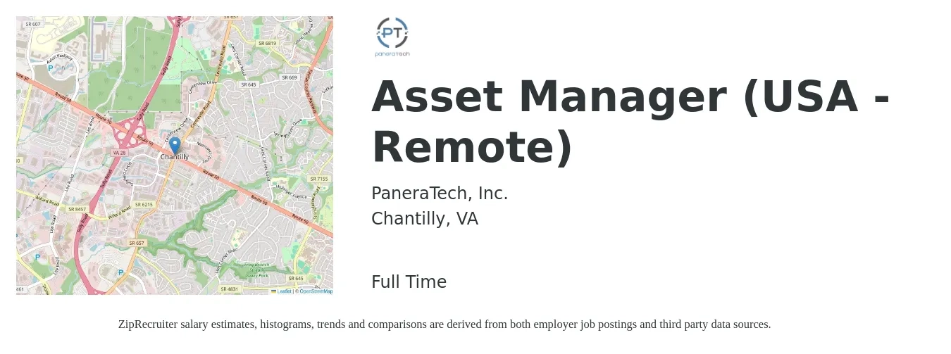 PaneraTech, Inc. job posting for a Asset Manager (USA - Remote) in Chantilly, VA with a salary of $76,300 to $111,600 Yearly with a map of Chantilly location.