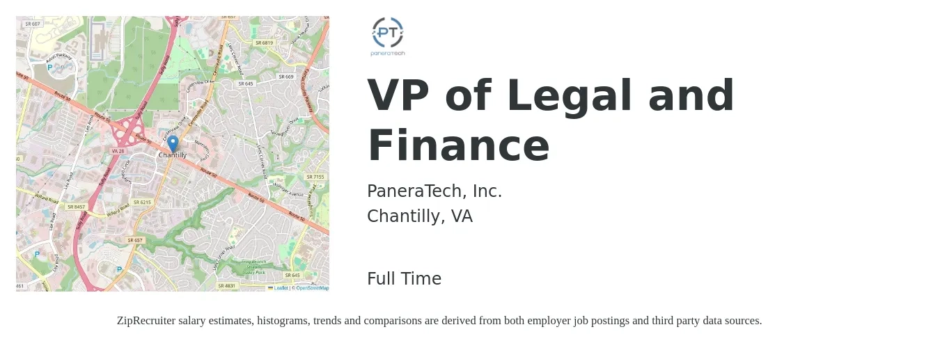 PaneraTech, Inc. job posting for a VP of Legal and Finance in Chantilly, VA with a salary of $139,700 to $203,200 Yearly with a map of Chantilly location.