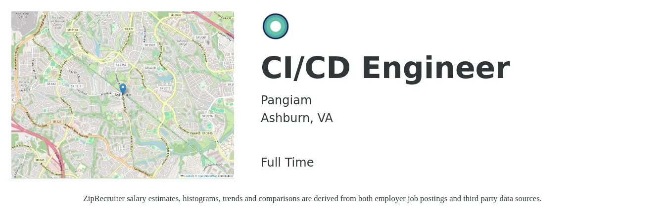 Pangiam job posting for a CI/CD Engineer in Ashburn, VA with a salary of $52 to $74 Hourly with a map of Ashburn location.