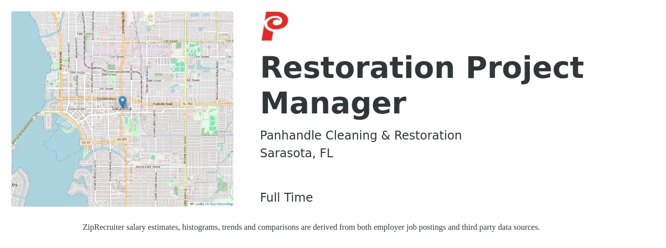 Panhandle Cleaning & Restoration job posting for a Restoration Project Manager in Sarasota, FL with a salary of $49,100 to $73,900 Yearly with a map of Sarasota location.