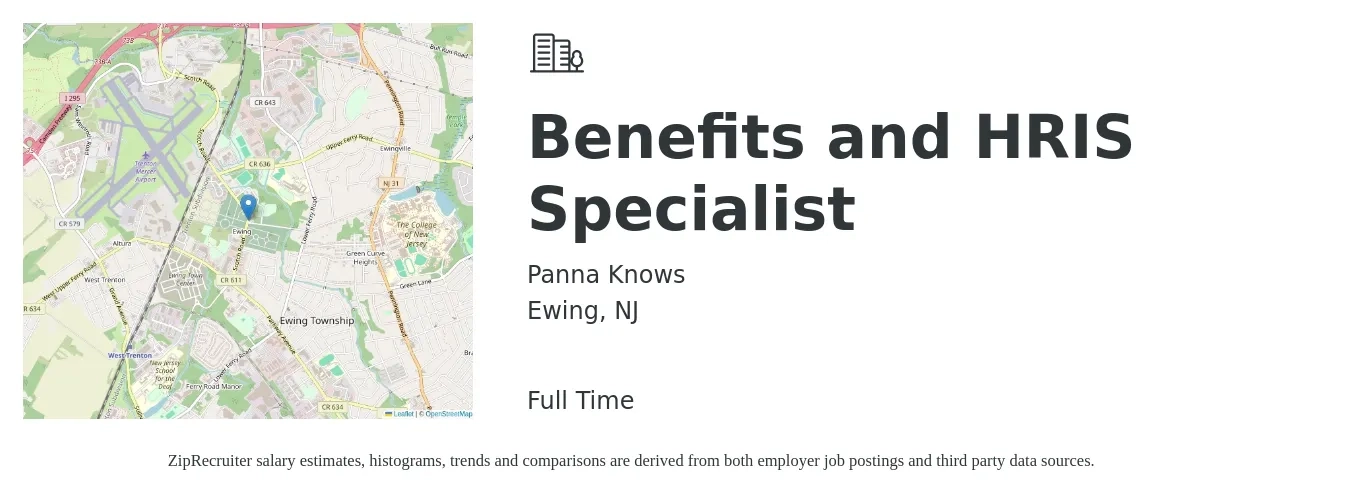 Panna Knows job posting for a Benefits and HRIS Specialist in Ewing, NJ with a salary of $40,800 to $61,400 Yearly with a map of Ewing location.