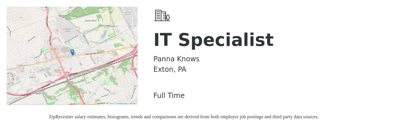 Panna Knows job posting for a IT Specialist in Exton, PA with a salary of $44,900 to $107,600 Yearly with a map of Exton location.