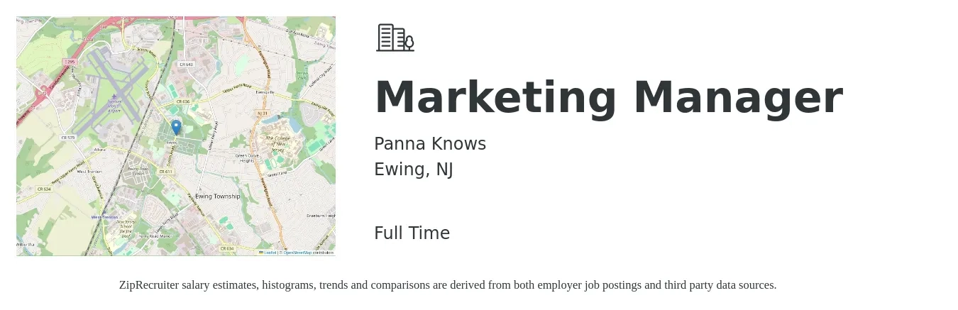 Panna Knows job posting for a Marketing Manager in Ewing, NJ with a salary of $57,600 to $94,000 Yearly with a map of Ewing location.