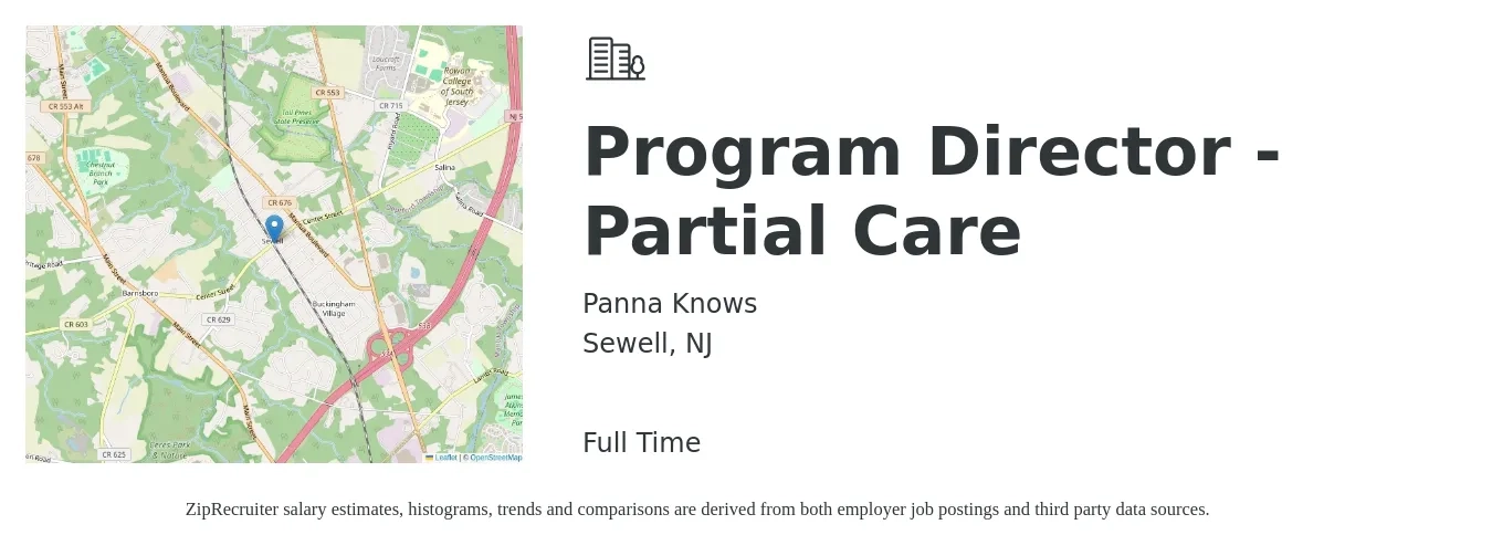 Panna Knows job posting for a Program Director - Partial Care in Sewell, NJ with a salary of $50,100 to $87,500 Yearly with a map of Sewell location.