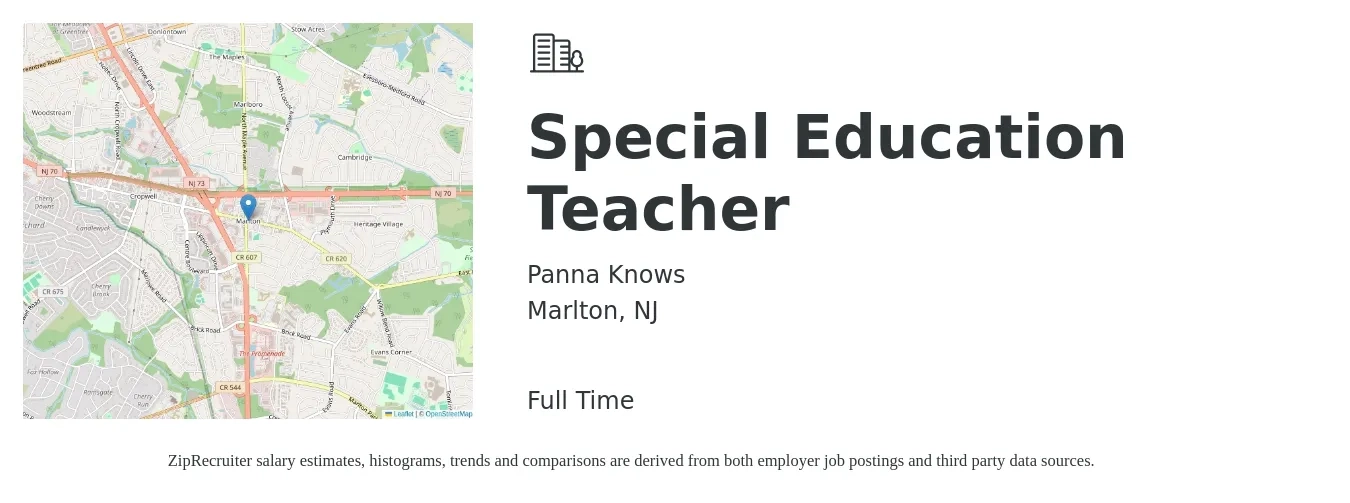 Panna Knows job posting for a Special Education Teacher in Marlton, NJ with a salary of $50,200 to $66,300 Yearly with a map of Marlton location.